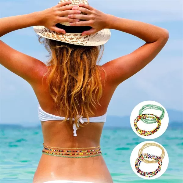 image6 PCS Boho Bead Elastic Waits Chain Layered Choker Necklaces Bracelets for Women Girls Bohemian Colorful Beaded Belly Chains Summer Bikini Beach Pool Vacation Y2K Body Jewelry