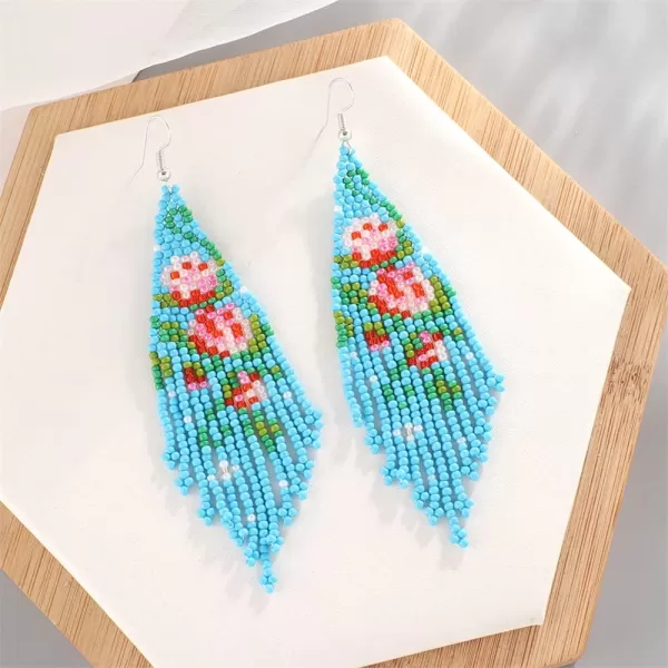 imageBlue Long Fringe Drop Dangle Statement Earrings for Women Acrylic Resin Boho Ball Beaded Flower Tassel Chain Rice Beads Woven Chandelier Tribal Exaggerated Piercing Hook Ear Jewelry