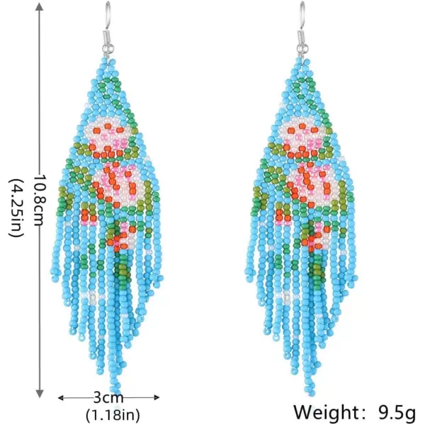 imageBlue Long Fringe Drop Dangle Statement Earrings for Women Acrylic Resin Boho Ball Beaded Flower Tassel Chain Rice Beads Woven Chandelier Tribal Exaggerated Piercing Hook Ear Jewelry