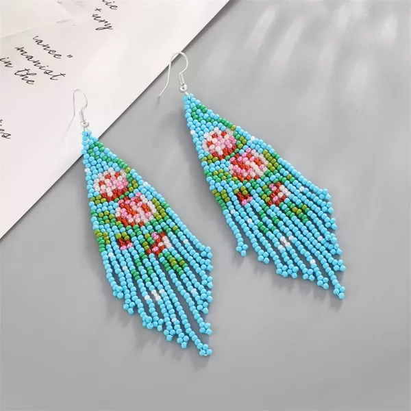 imageBlue Long Fringe Drop Dangle Statement Earrings for Women Acrylic Resin Boho Ball Beaded Flower Tassel Chain Rice Beads Woven Chandelier Tribal Exaggerated Piercing Hook Ear Jewelry