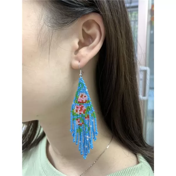 imageBlue Long Fringe Drop Dangle Statement Earrings for Women Acrylic Resin Boho Ball Beaded Flower Tassel Chain Rice Beads Woven Chandelier Tribal Exaggerated Piercing Hook Ear Jewelry