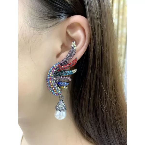 imageBoho Big Angel Wing Dangle Earrings for Women Charms AB Crystal Imitation Pearl Drop Dangling Colorful CZ Black Statement Earring Lightweight Birthday Party Jewelry