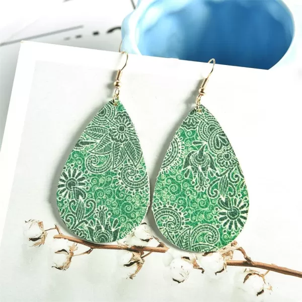 imageBoho Green Leaf Flower Leather Earrings for Women Girls Long Big Teardrop Daisy Printing Statement Drop Dangle Hook Stud Handmade Lightweight Bohemian Antique Beachy Jewelry