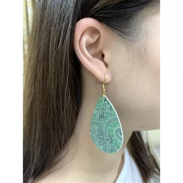 imageBoho Green Leaf Flower Leather Earrings for Women Girls Long Big Teardrop Daisy Printing Statement Drop Dangle Hook Stud Handmade Lightweight Bohemian Antique Beachy Jewelry