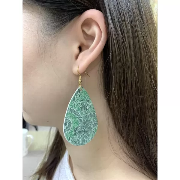 imageBoho Green Leaf Flower Leather Earrings for Women Girls Long Big Teardrop Daisy Printing Statement Drop Dangle Hook Stud Handmade Lightweight Bohemian Antique Beachy Jewelry