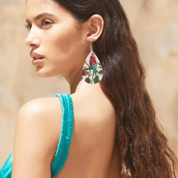 imageBoho Leather Bird Teardrop Earrings for Women Leaf Flower Printing Long Big Tropical Parrot Statement Drop Dangle Hook Handmade Lightweight Bohemian Antique Beachy Christmas Jewelry Green Wings