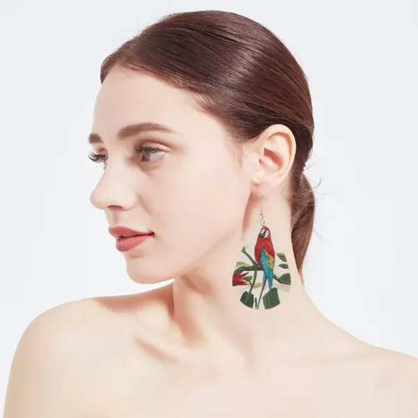 imageBoho Leather Bird Teardrop Earrings for Women Leaf Flower Printing Long Big Tropical Parrot Statement Drop Dangle Hook Handmade Lightweight Bohemian Antique Beachy Christmas Jewelry Green Wings