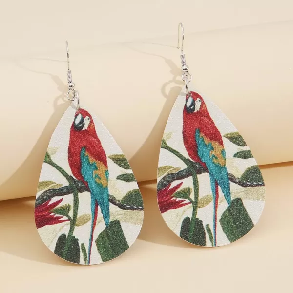 imageBoho Leather Bird Teardrop Earrings for Women Leaf Flower Printing Long Big Tropical Parrot Statement Drop Dangle Hook Handmade Lightweight Bohemian Antique Beachy Christmas Jewelry Green Wings