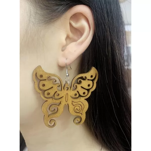 imageBoho Wooden Drop Dangle Earrings for Women Large Big African Ethnic Wood Statement Dangling Hook Earring Lightweight Engraving Handmade Vintage Jewelry Butterfly