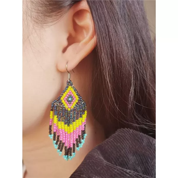 imageDrop Statement Earrings Handmade Boho Ethnic Beaded Dangle Hook Stud Earring Geomentic Colorized Seed Beads Chandelier Bohemian Party Exaggerated Personalized Jewelry Colorful