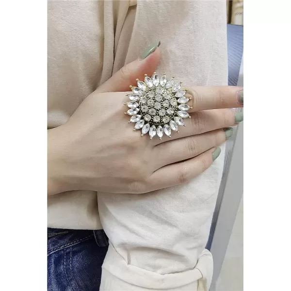 imageDtja Boho Big CZ Sunflower Statement Ring for Women Girls Bohemian Antique Gold Tone Mosaic Crystal Expandable Open Wrap Finger Rings Adjustable Comfort Fit Indian Bollywood Style Exaggerated Jewelry
