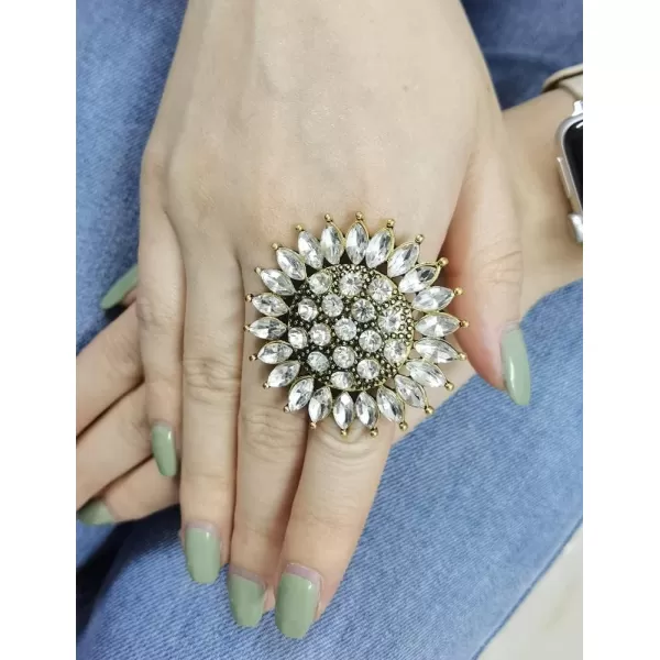 imageDtja Boho Big CZ Sunflower Statement Ring for Women Girls Bohemian Antique Gold Tone Mosaic Crystal Expandable Open Wrap Finger Rings Adjustable Comfort Fit Indian Bollywood Style Exaggerated Jewelry