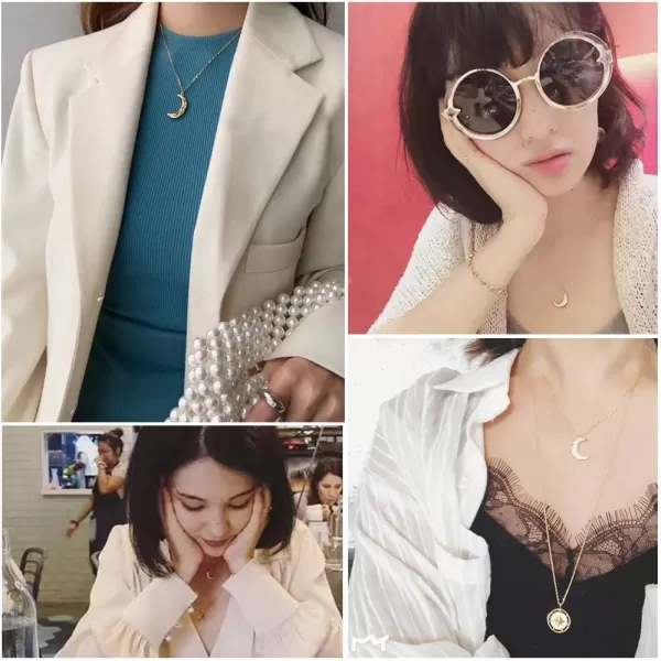 imageDtja Boho Moon Necklace for Women Girls Sterling Silver Simple Delicate Crescent Half Moon Phase Karma Choker Pendant Necklace Adjustable Chain Handmade Hammered JewelryGolden