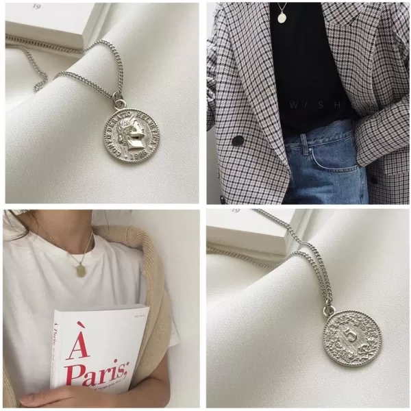 imageDtja Carved Coin Pendant Necklace for Women Men 18K White Gold Plated Simple Round Chain Goddess Worship Celebrity Medal Reversible Keepsake Chic Choker Fashion Jewelry Gifts Box