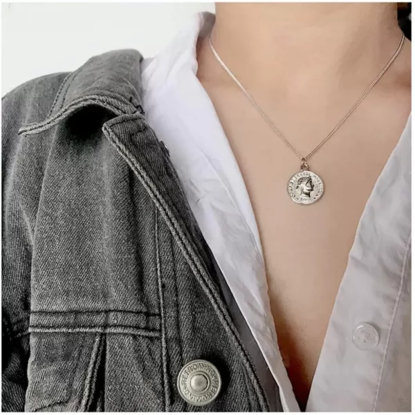 imageDtja Carved Coin Pendant Necklace for Women Men 18K White Gold Plated Simple Round Chain Goddess Worship Celebrity Medal Reversible Keepsake Chic Choker Fashion Jewelry Gifts Box
