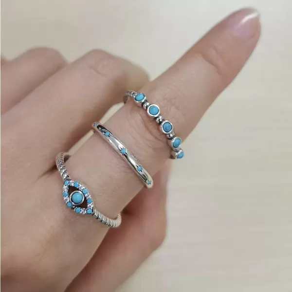 imageTurquoise 925 Sterling Silver Rings for Women Girls CZ Blue Birthstone Boho Stackable Band Ring Birthday Wedding Jewelry GiftStar Size 8
