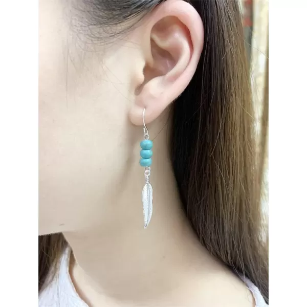 imageTurquoise Leaf Dangle Hook Stud Earrings for Women Boho Silvery Blue Ball Bead Charms Drop Dangling Stud Hypoallergenic Bohemian Jewelry