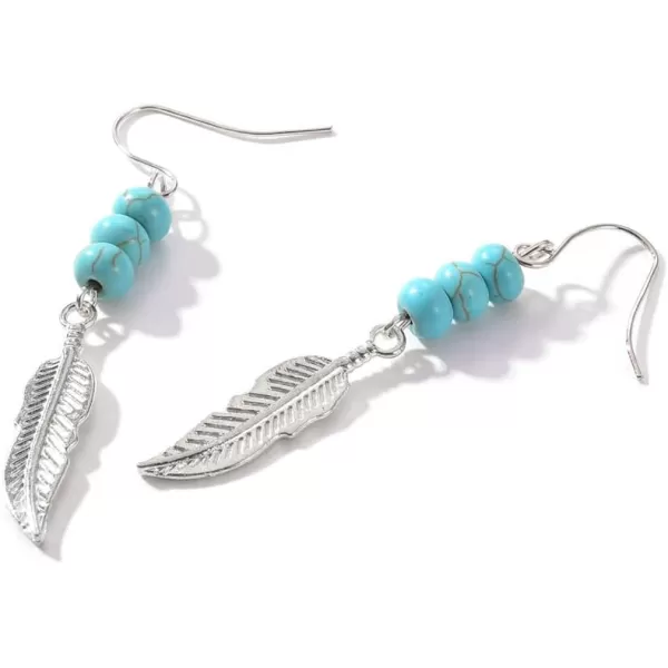 imageTurquoise Leaf Dangle Hook Stud Earrings for Women Boho Silvery Blue Ball Bead Charms Drop Dangling Stud Hypoallergenic Bohemian Jewelry
