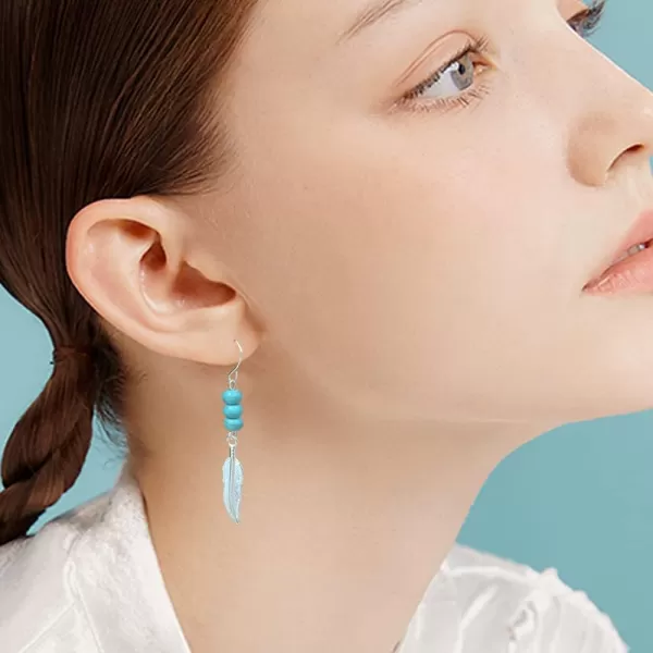 imageTurquoise Leaf Dangle Hook Stud Earrings for Women Boho Silvery Blue Ball Bead Charms Drop Dangling Stud Hypoallergenic Bohemian Jewelry