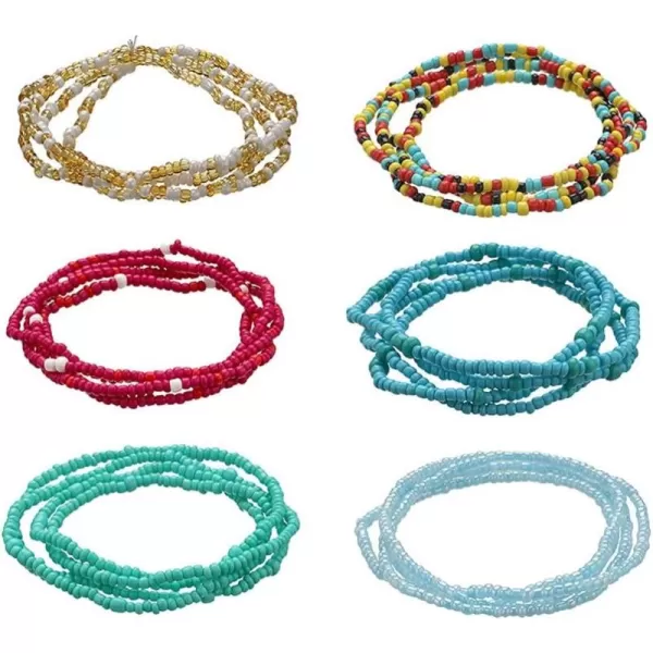 image6 PCS Boho Bead Elastic Waits Chain Layered Choker Necklaces Bracelets for Women Girls Bohemian Colorful Beaded Belly Chains Summer Bikini Beach Pool Vacation Y2K Body Jewelry