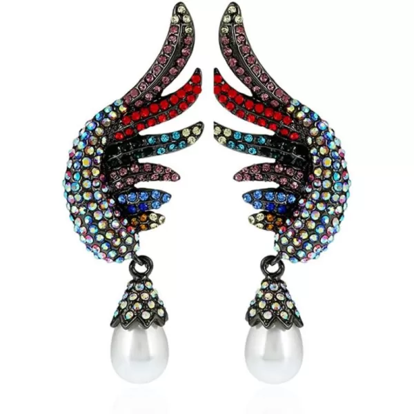 imageBoho Big Angel Wing Dangle Earrings for Women Charms AB Crystal Imitation Pearl Drop Dangling Colorful CZ Black Statement Earring Lightweight Birthday Party Jewelry