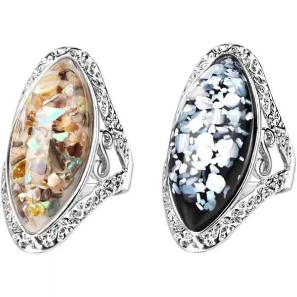 imageDtja 2 Pcs Boho Teardrop Confetti Statement Rings Set for Women Couples Silver Plated Big Filigree Shell Pearl Band Ring Comfort Fit Vintage Bohemian Ethnic Bollywood Jewelry Size 8
