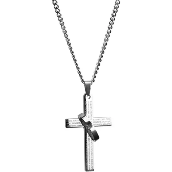 imageDtja Large Cross Ring Pendant Necklace for Women Men Stainless Steel Silvery Our Father Lords Prayer Halo Bible Verse Engraved 25quot Chain Fashion Punk Jewelry Gift