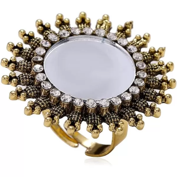 imageDtja Vintage Mirror Sunflower Big Statement Ring for Women Oxidized GoldTone Cubic Zirconia Adjustable Expandable Boho Round Open Band Rings Comfort Fit Indian Bollywood Cocktail Party Jewelry