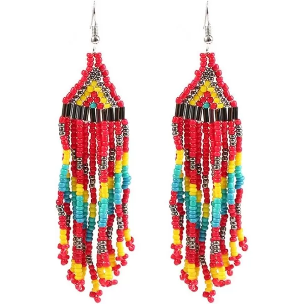 imageGeometric Long Fringe Drop Statement Earrings Handmade Boho Ethnic Beaded Tassel Dangle Hook Stud Earring Colorized Seed Beads Chandelier Bohemian Retro Party Y2K Jewelry Red