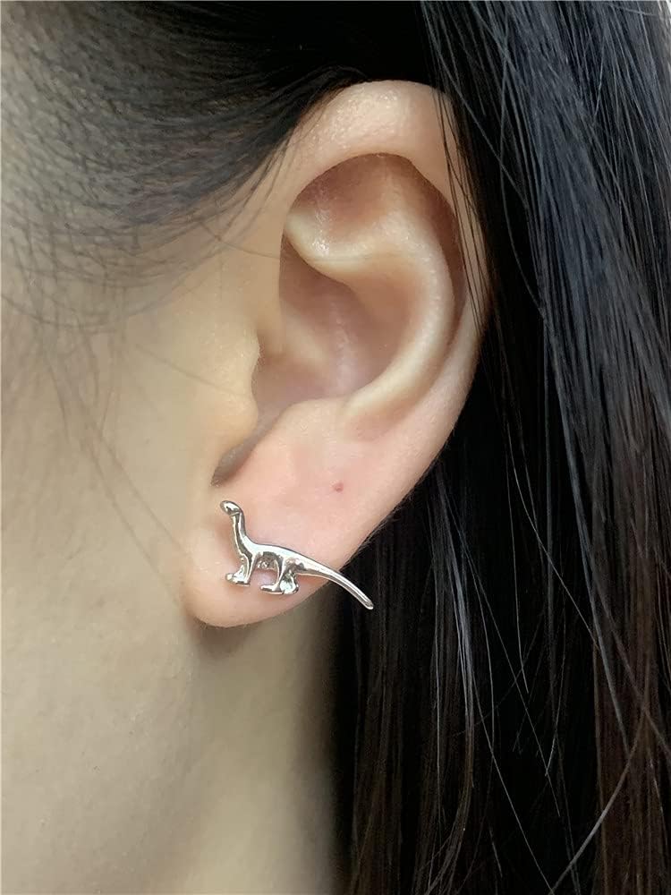 imageVintage Dinosaur Earrings Set for Women Silver Tone Hypoallergenic Cute Small Dragon Brontosaurus Animal Studs Cartilage Tragus Post Minimalist Simple Jewelry 3 Pairs
