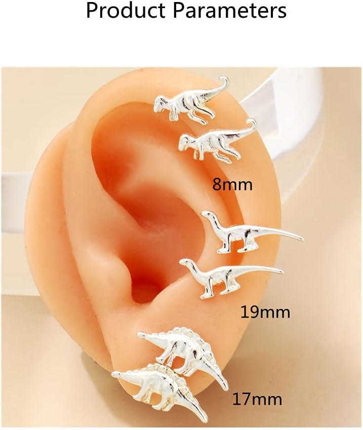 imageVintage Dinosaur Earrings Set for Women Silver Tone Hypoallergenic Cute Small Dragon Brontosaurus Animal Studs Cartilage Tragus Post Minimalist Simple Jewelry 3 Pairs