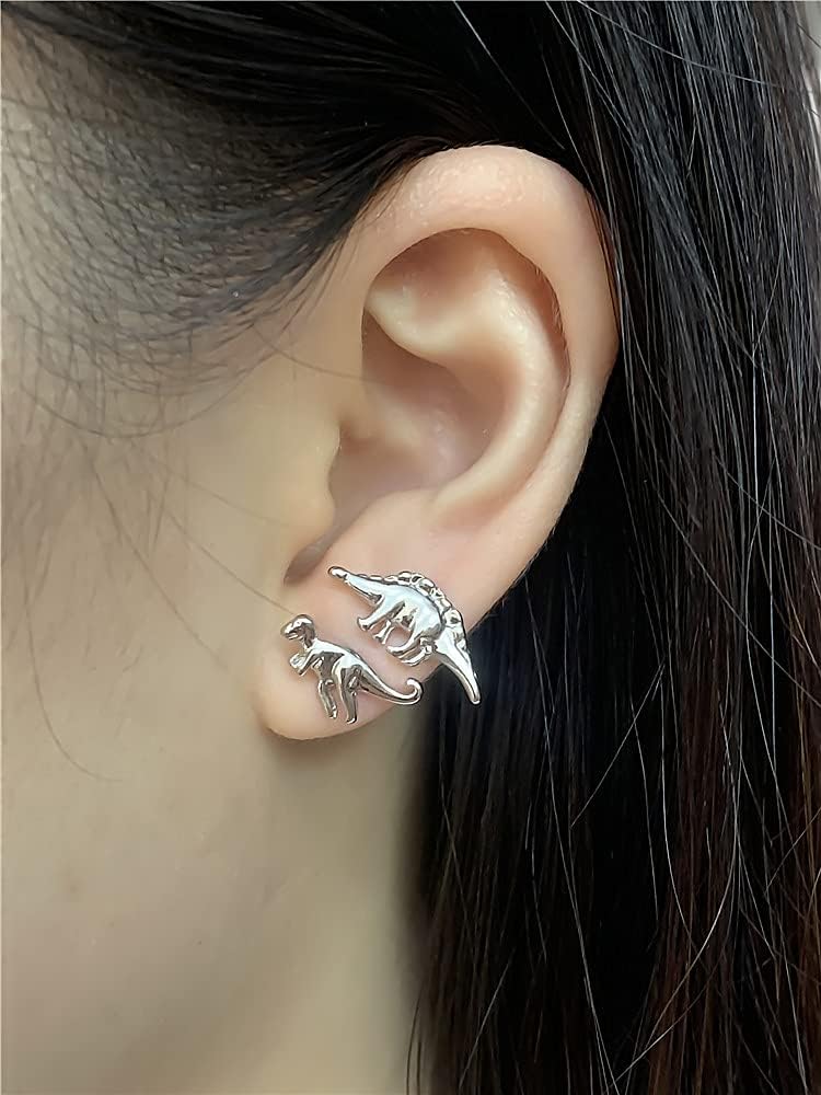 imageVintage Dinosaur Earrings Set for Women Silver Tone Hypoallergenic Cute Small Dragon Brontosaurus Animal Studs Cartilage Tragus Post Minimalist Simple Jewelry 3 Pairs