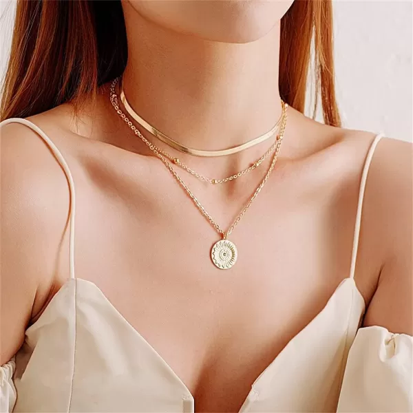 image3 Layered Engraved Coin Pendant Necklaces for Women Girls Boho Round Disc Charm Snake Ball Beaded Chain Adjustable Fashion Choker Necklaces Y2K Jewelry Gold