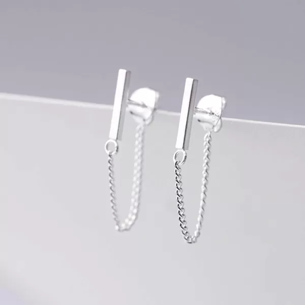 image925 Minimalist Bar Earrings with Sterling Silver Tassel Chain Drop Dangle Earring for Women Charms Fashion Punk Pierced Studs Hypoallergenic Jewelry Birthday Christmas for Best Friends