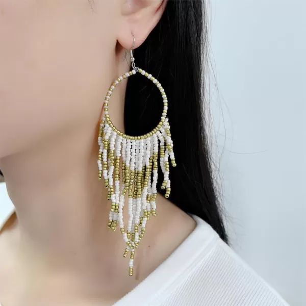 imageBoho Long Fringe Drop Dangle Statement Earrings for Women Girls Hademade Ball Beads Hoop Tassel Chain Woven Dangling Hook Chandelier Tribal Exaggerated Dreamcatcher JewelryWhite