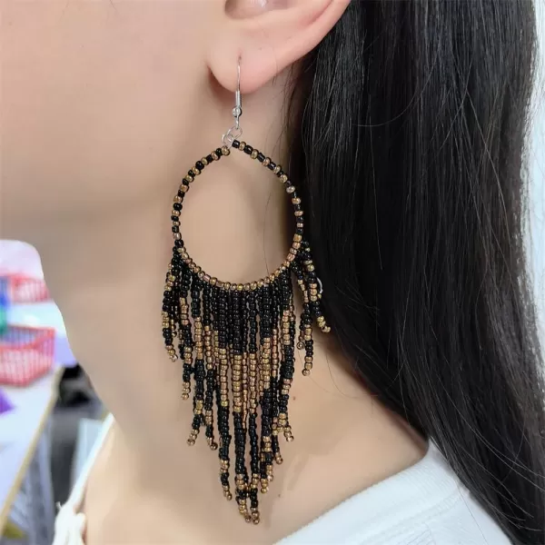 imageBoho Long Fringe Drop Dangle Statement Earrings for Women Girls Hademade Ball Beads Hoop Tassel Chain Woven Dangling Hook Chandelier Tribal Exaggerated Dreamcatcher JewelryBlack