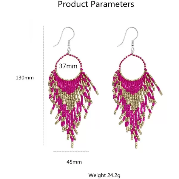 imageBoho Long Fringe Drop Dangle Statement Earrings for Women Girls Hademade Ball Beads Hoop Tassel Chain Woven Dangling Hook Chandelier Tribal Exaggerated Dreamcatcher JewelryFuchsia