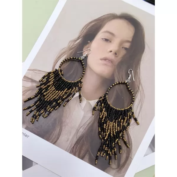 imageBoho Long Fringe Drop Dangle Statement Earrings for Women Girls Hademade Ball Beads Hoop Tassel Chain Woven Dangling Hook Chandelier Tribal Exaggerated Dreamcatcher JewelryBlack