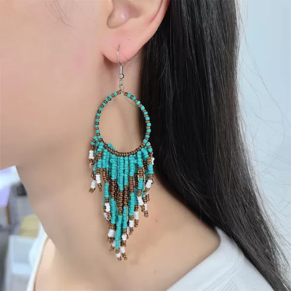 imageBoho Long Fringe Drop Dangle Statement Earrings for Women Girls Hademade Ball Beads Hoop Tassel Chain Woven Dangling Hook Chandelier Tribal Exaggerated Dreamcatcher JewelryTurquoise