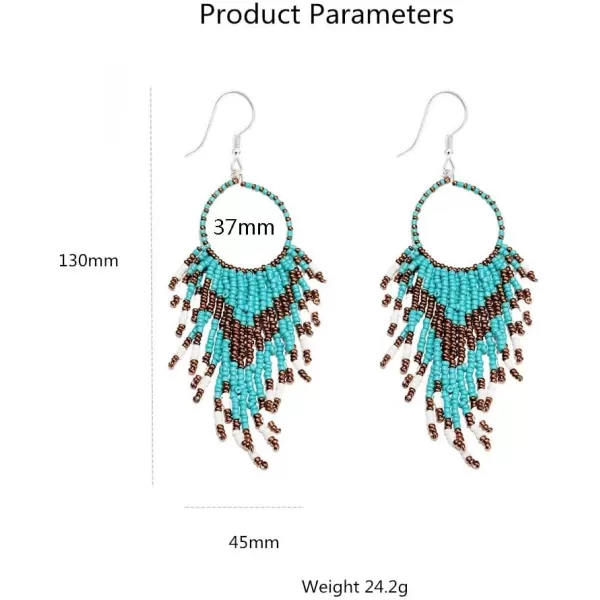 imageBoho Long Fringe Drop Dangle Statement Earrings for Women Girls Hademade Ball Beads Hoop Tassel Chain Woven Dangling Hook Chandelier Tribal Exaggerated Dreamcatcher JewelryTurquoise