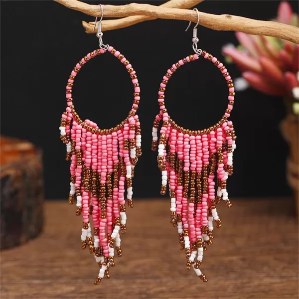 imageBoho Long Fringe Drop Dangle Statement Earrings for Women Girls Hademade Ball Beads Hoop Tassel Chain Woven Dangling Hook Chandelier Tribal Exaggerated Dreamcatcher JewelryPink