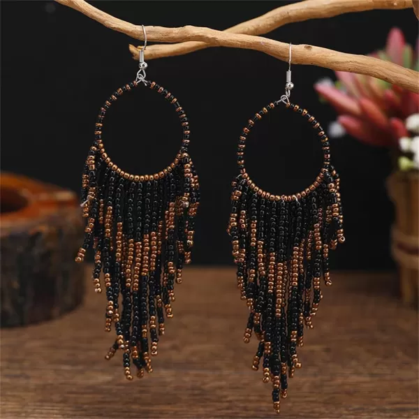 imageBoho Long Fringe Drop Dangle Statement Earrings for Women Girls Hademade Ball Beads Hoop Tassel Chain Woven Dangling Hook Chandelier Tribal Exaggerated Dreamcatcher JewelryBlack
