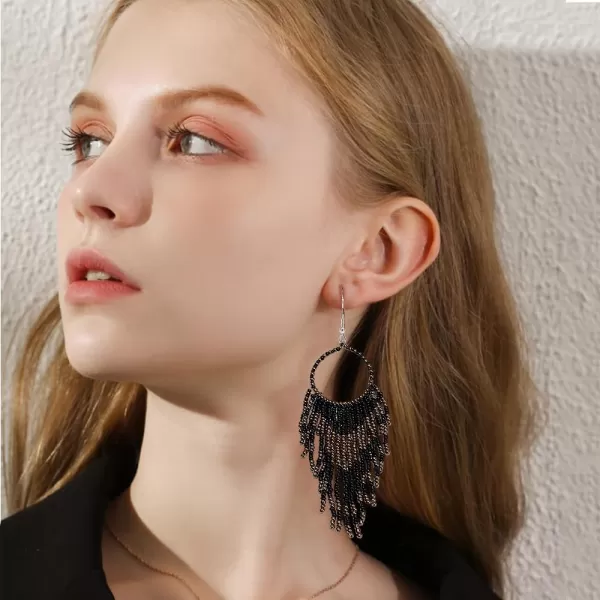 imageBoho Long Fringe Drop Dangle Statement Earrings for Women Girls Hademade Ball Beads Hoop Tassel Chain Woven Dangling Hook Chandelier Tribal Exaggerated Dreamcatcher JewelryBlack