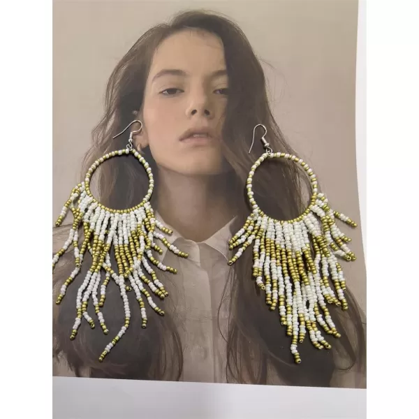 imageBoho Long Fringe Drop Dangle Statement Earrings for Women Girls Hademade Ball Beads Hoop Tassel Chain Woven Dangling Hook Chandelier Tribal Exaggerated Dreamcatcher JewelryWhite