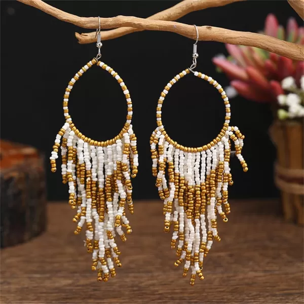 imageBoho Long Fringe Drop Dangle Statement Earrings for Women Girls Hademade Ball Beads Hoop Tassel Chain Woven Dangling Hook Chandelier Tribal Exaggerated Dreamcatcher JewelryWhite