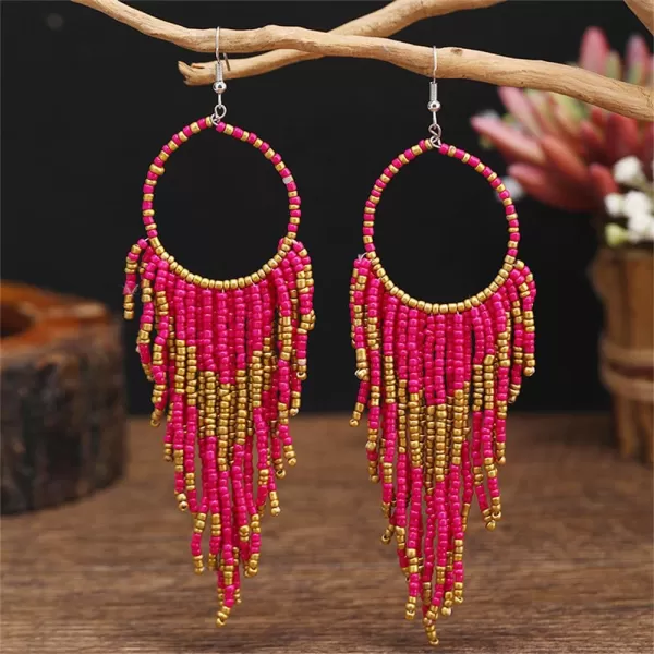 imageBoho Long Fringe Drop Dangle Statement Earrings for Women Girls Hademade Ball Beads Hoop Tassel Chain Woven Dangling Hook Chandelier Tribal Exaggerated Dreamcatcher JewelryFuchsia