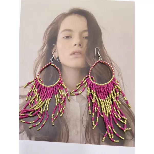 imageBoho Long Fringe Drop Dangle Statement Earrings for Women Girls Hademade Ball Beads Hoop Tassel Chain Woven Dangling Hook Chandelier Tribal Exaggerated Dreamcatcher JewelryFuchsia
