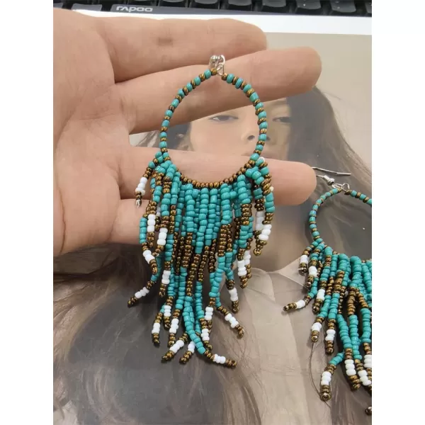 imageBoho Long Fringe Drop Dangle Statement Earrings for Women Girls Hademade Ball Beads Hoop Tassel Chain Woven Dangling Hook Chandelier Tribal Exaggerated Dreamcatcher JewelryTurquoise