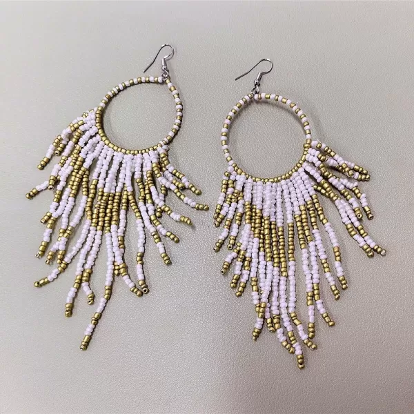 imageBoho Long Fringe Drop Dangle Statement Earrings for Women Girls Hademade Ball Beads Hoop Tassel Chain Woven Dangling Hook Chandelier Tribal Exaggerated Dreamcatcher JewelryWhite