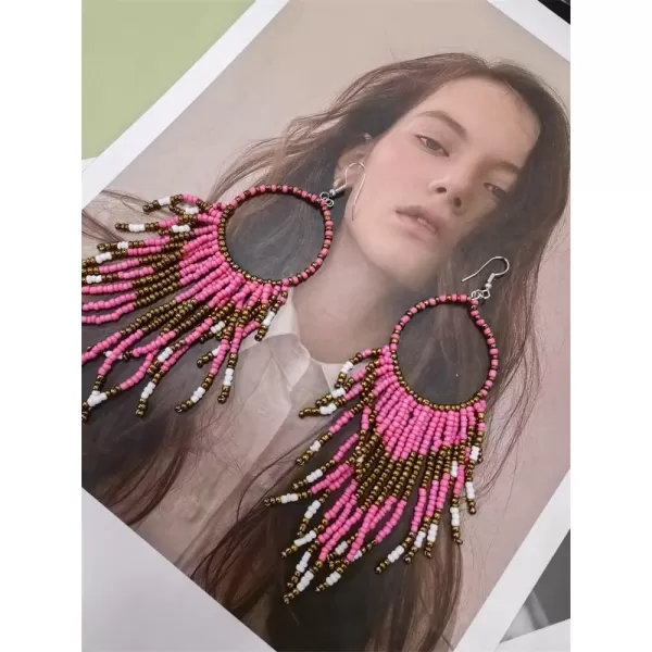 imageBoho Long Fringe Drop Dangle Statement Earrings for Women Girls Hademade Ball Beads Hoop Tassel Chain Woven Dangling Hook Chandelier Tribal Exaggerated Dreamcatcher JewelryPink